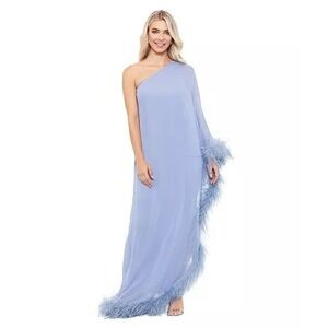 Betsy‎ Adam Asymmetrical Shoulder Feather Trim Blue Metallic Dress Size 6 NWT